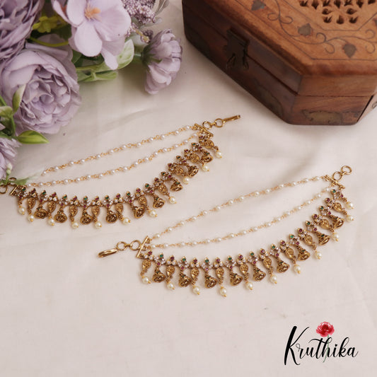 Classic Mango Motifs Pearl Drops Jhumka With Three Layered Earchains EC170