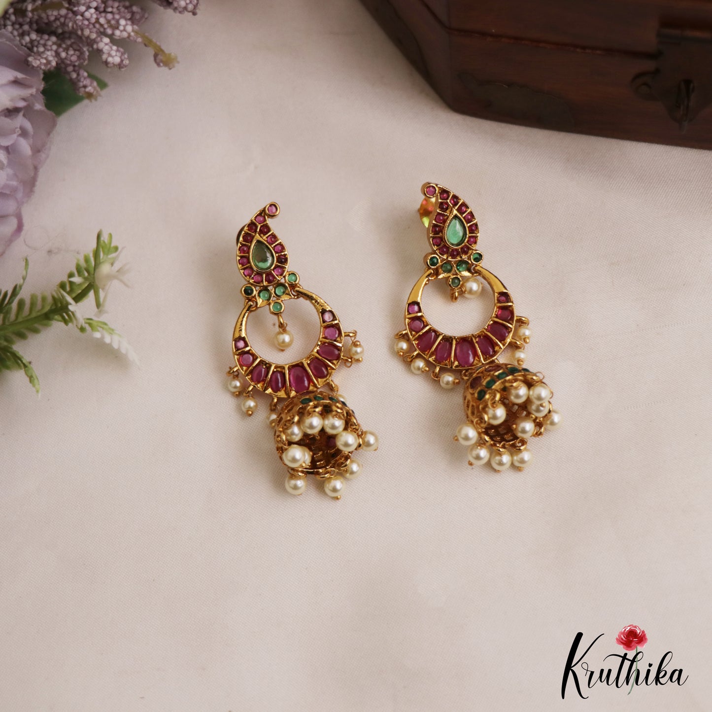 Beautiful Mango Motifs Kemp Jhumkas With Pearl Drops E1111
