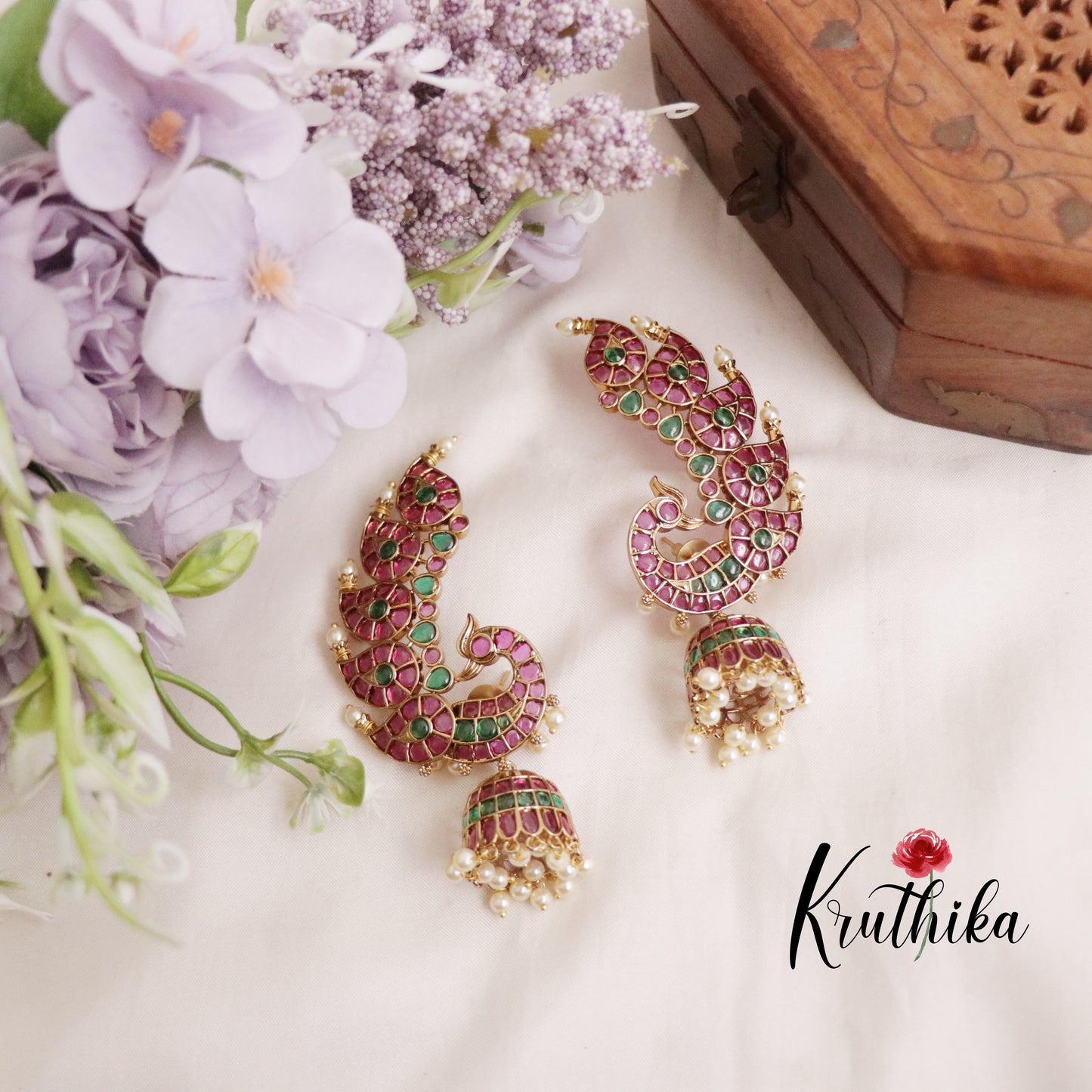 Grand Kemp Ruby Peacock AD Earcuff with Jhumkas E651
