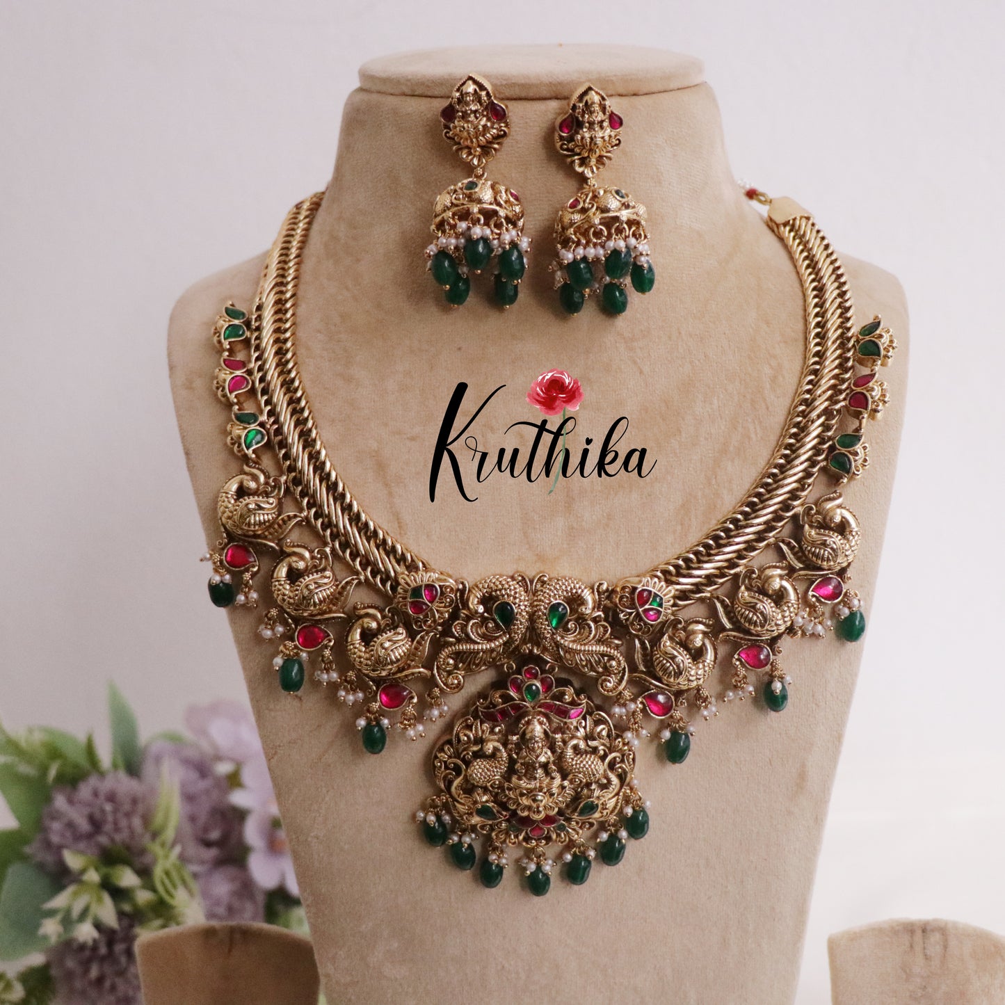 Royal Antique Jadau Lakshmi Pendant and Peacock Necklace NC2231 (Available in 3 Colours)