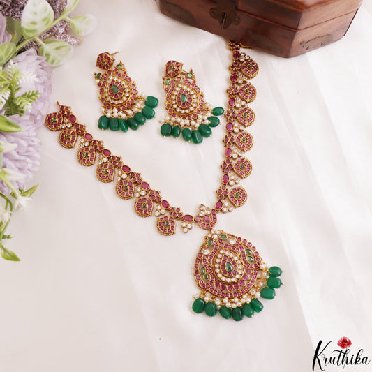 Premium Peacock Floral Motifs Kemp Necklace With Green Bead Drops NC3186