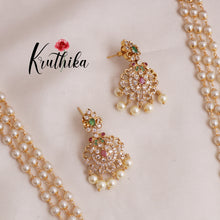 Elegant Three Layer Pearls Haaram with AD peacock pendant LH1890