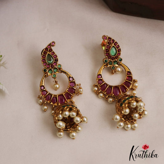 Beautiful Mango Motifs Kemp Jhumkas With Pearl Drops E1111