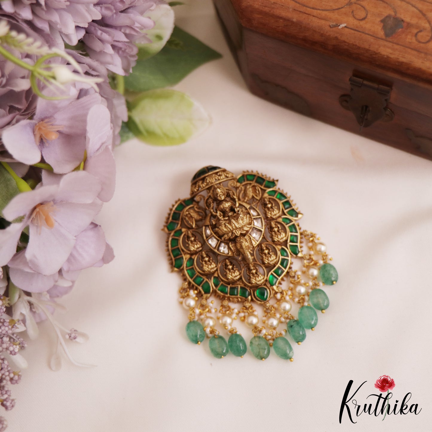 Premium Antique Lakshmi Motifs Jadau Pendant Set With Green Bead Drops PS281 (Available In 3 Colors)