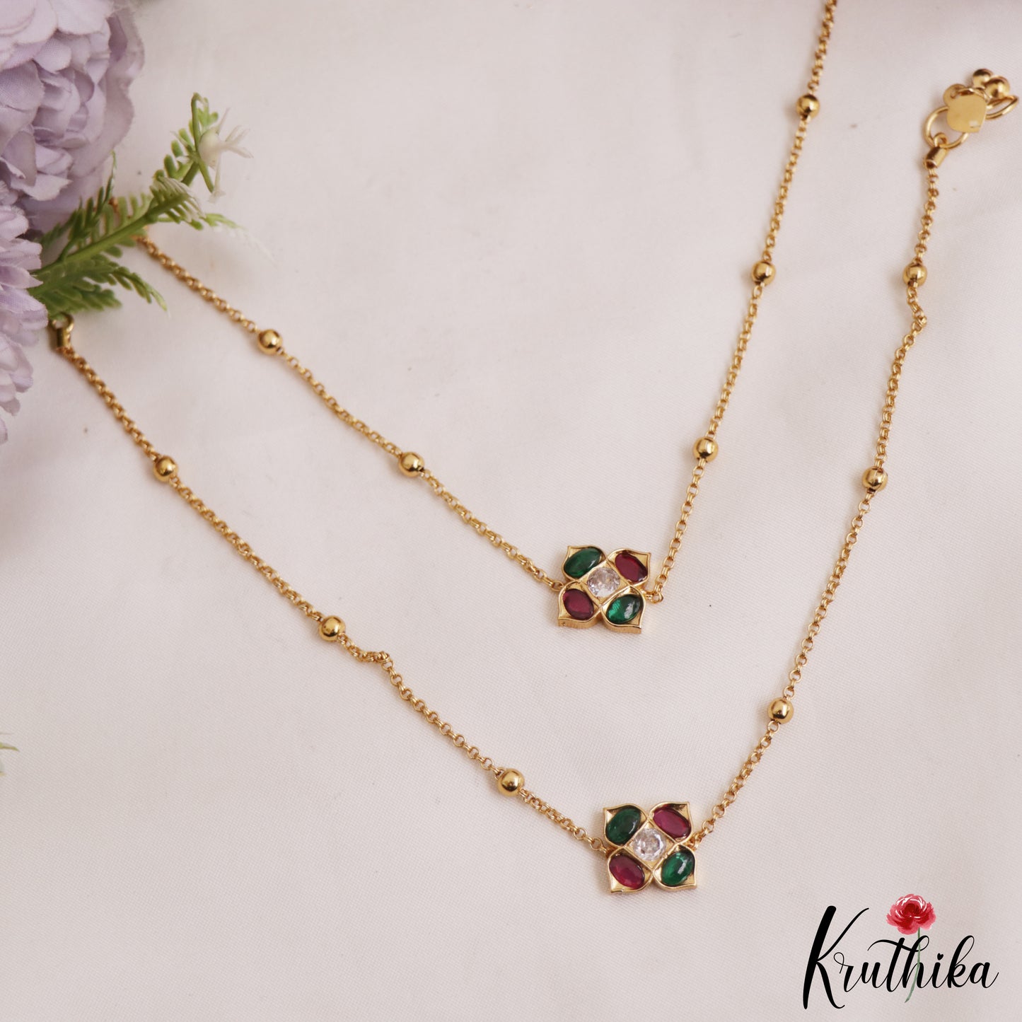 Trendy Floral Motifs Gold-Tone Jadau Anklets A61