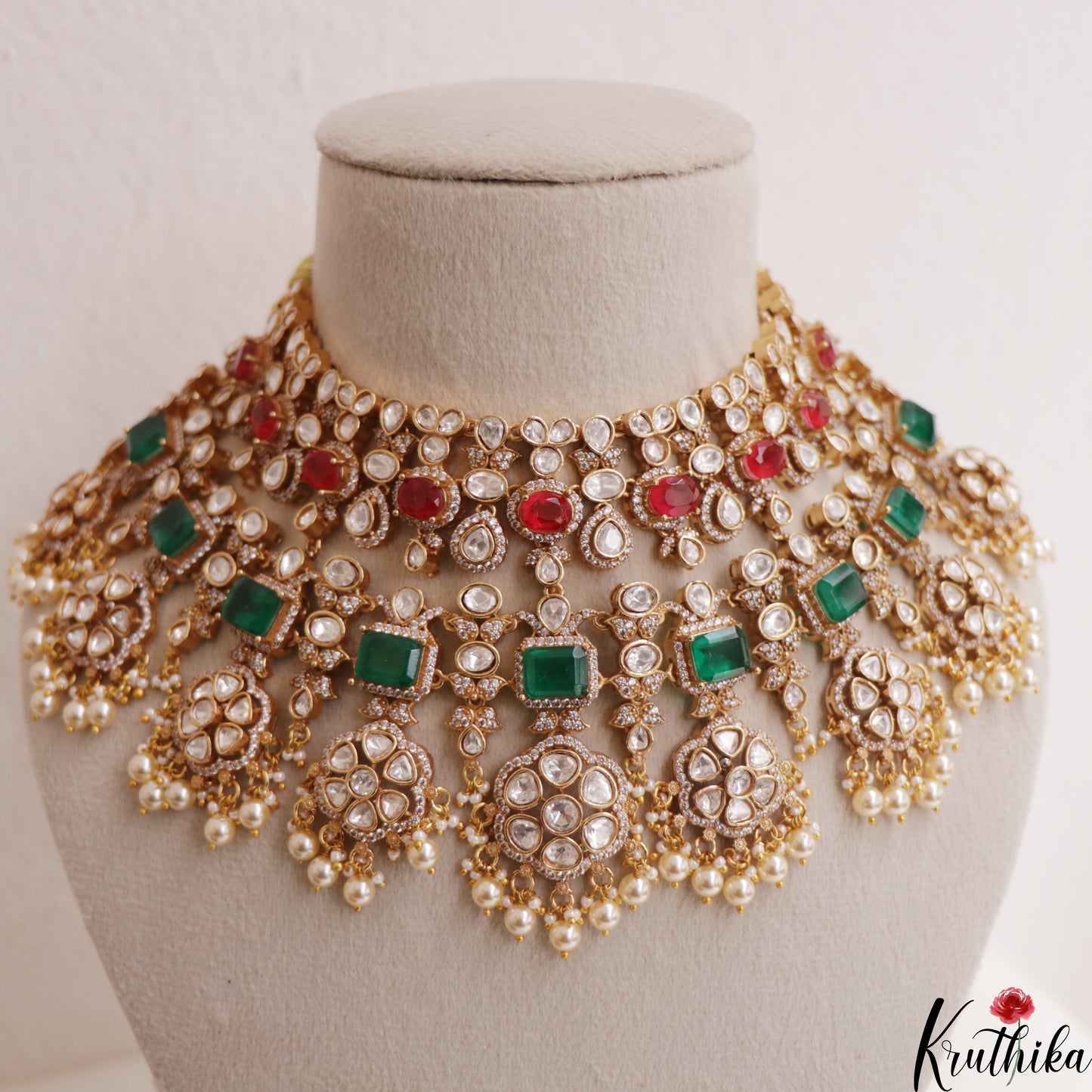 Grand Floral Motifs Polki Victorian Choker With Pearl Drops NC3019 (Available In 4 Colors)