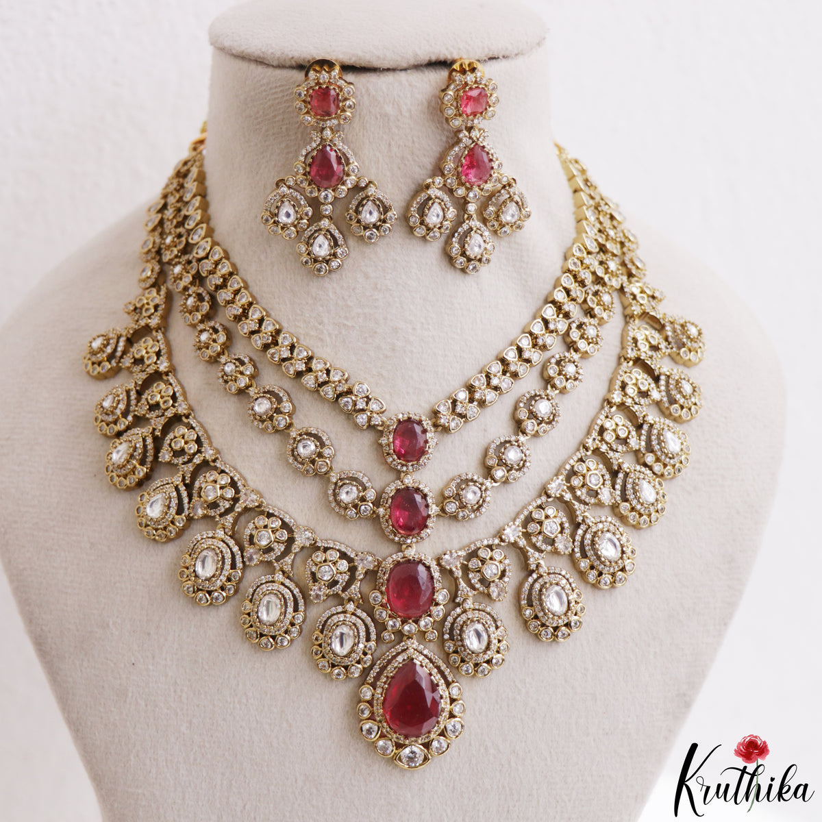 Sparkling Teardrop Motifs Multi Layered CZ Victorian Necklace NC3274 (Available In 5 Colors)