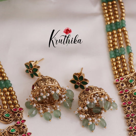 Elegant AD Peacock Jadau Haaram with Pastel Green Beads Drops LH1975
