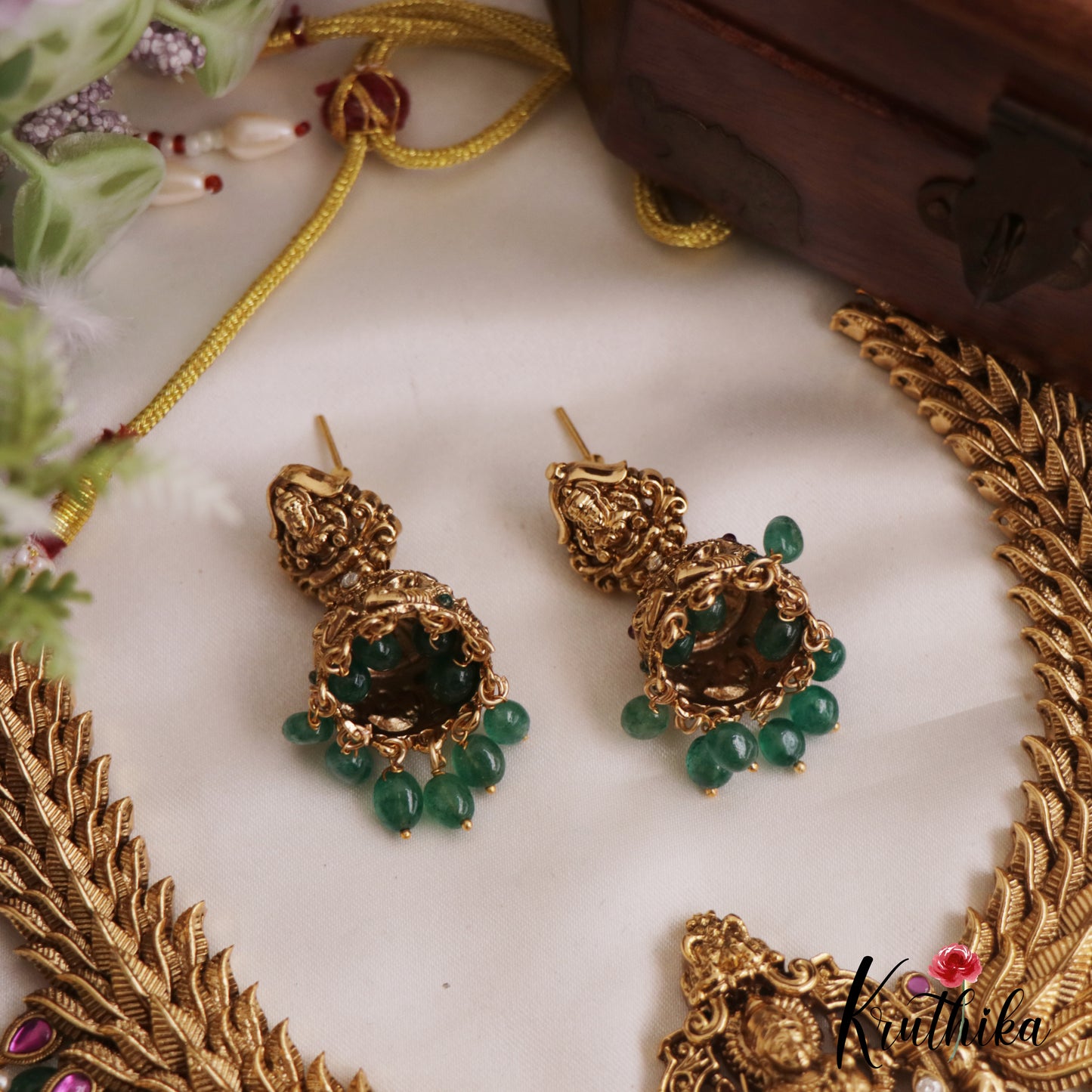 Gorgeous Antique Nagas Lakshmi Motifs Necklace With Green Bead Drops NC2715