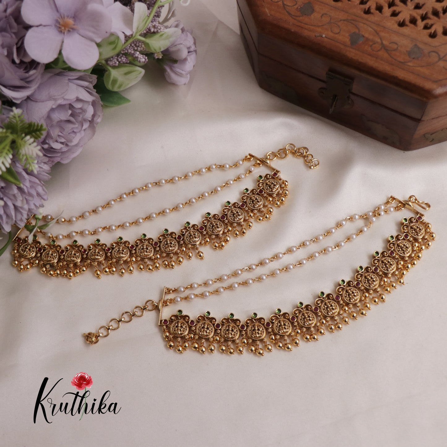 Gorgeous Antique Lakshmi Coin With Beads and Triple Layered Earchains EC146 (Available In 2 Colours)
