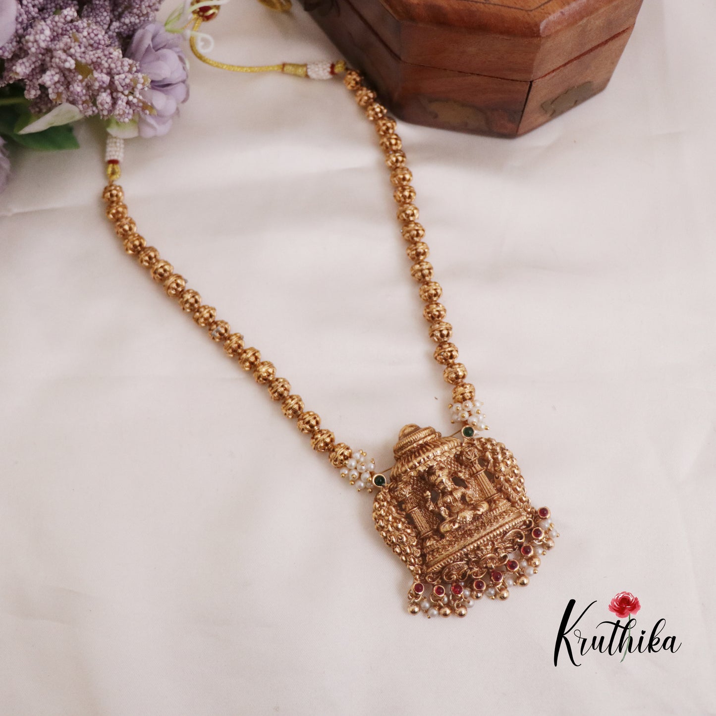Simple Temple Lakshmi Pendant Necklace with Golden Beads Drops NC2323