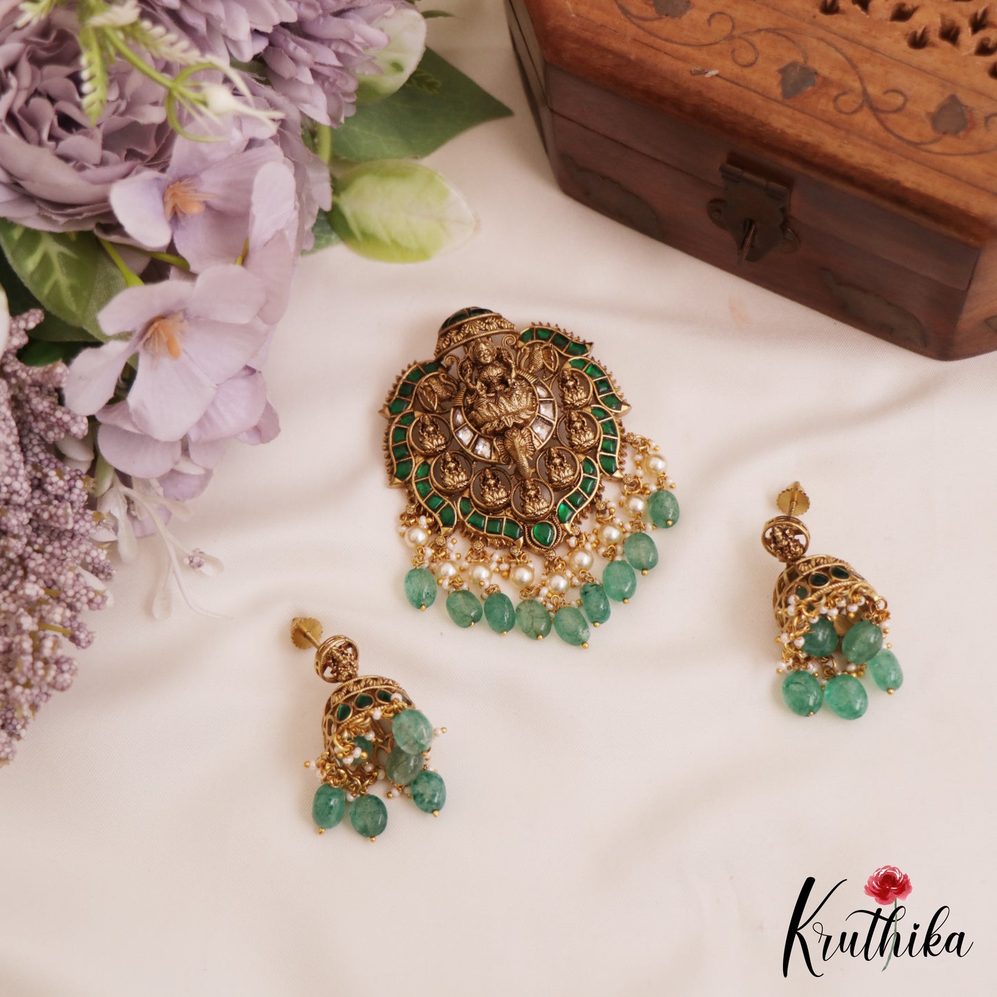 Premium Antique Lakshmi Motifs Jadau Pendant Set With Green Bead Drops PS281 (Available In 3 Colors)