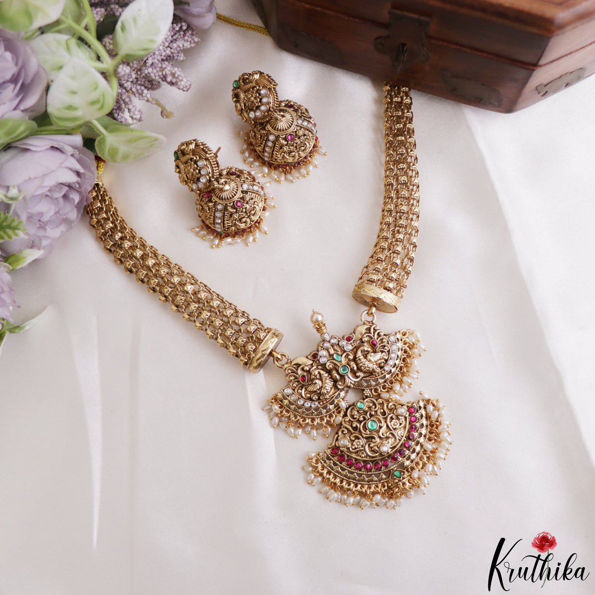 Gorgeous Antique Peacock Motifs Jadau Necklace With Pearl Drops NC3239