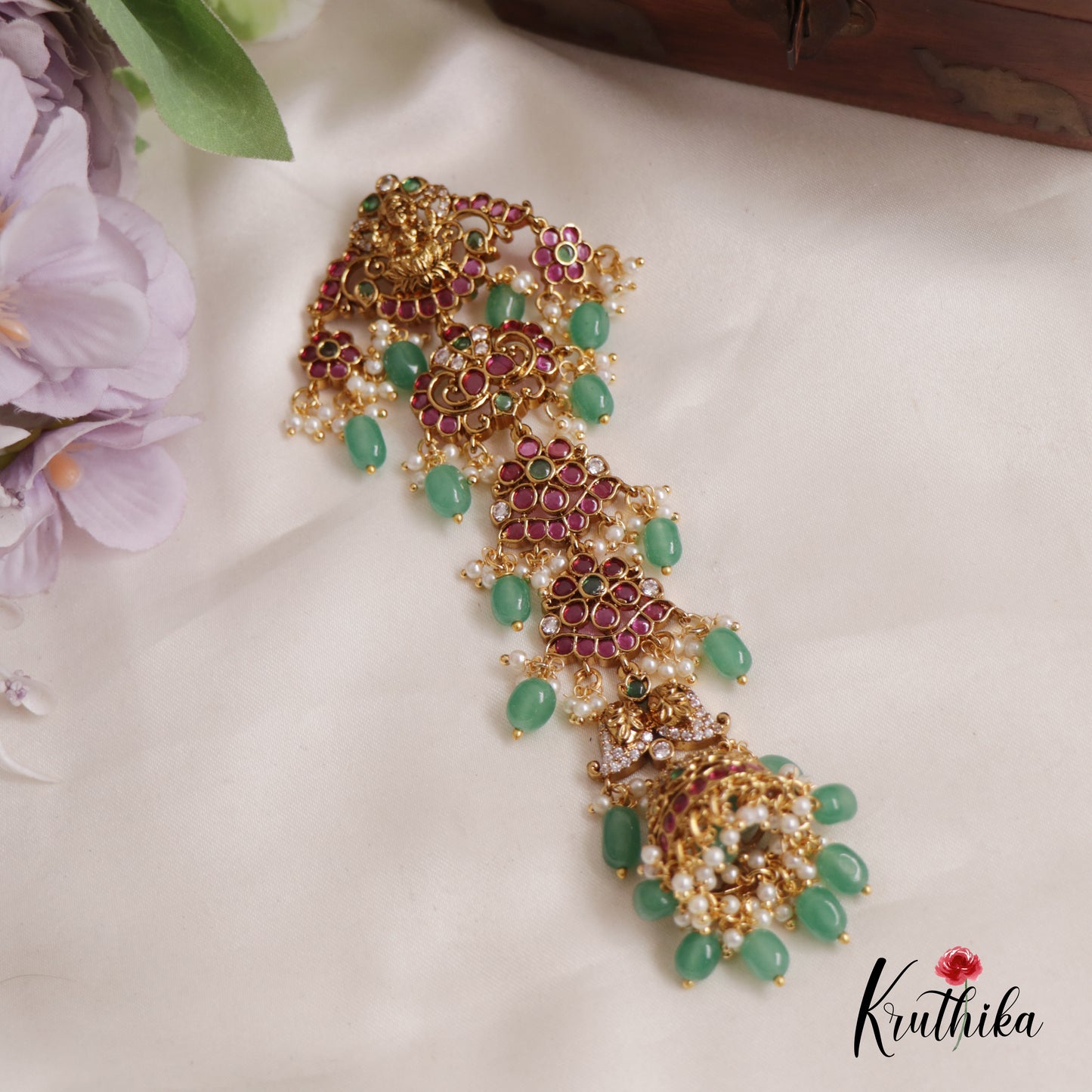 Premium Kemp Stones Lakshmi Floral Jhumka With Beads Jada Billa J255
