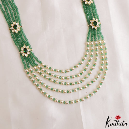 Elegant Multi Layered Crystal & Pearl Haaram with Floral Accents LH2208