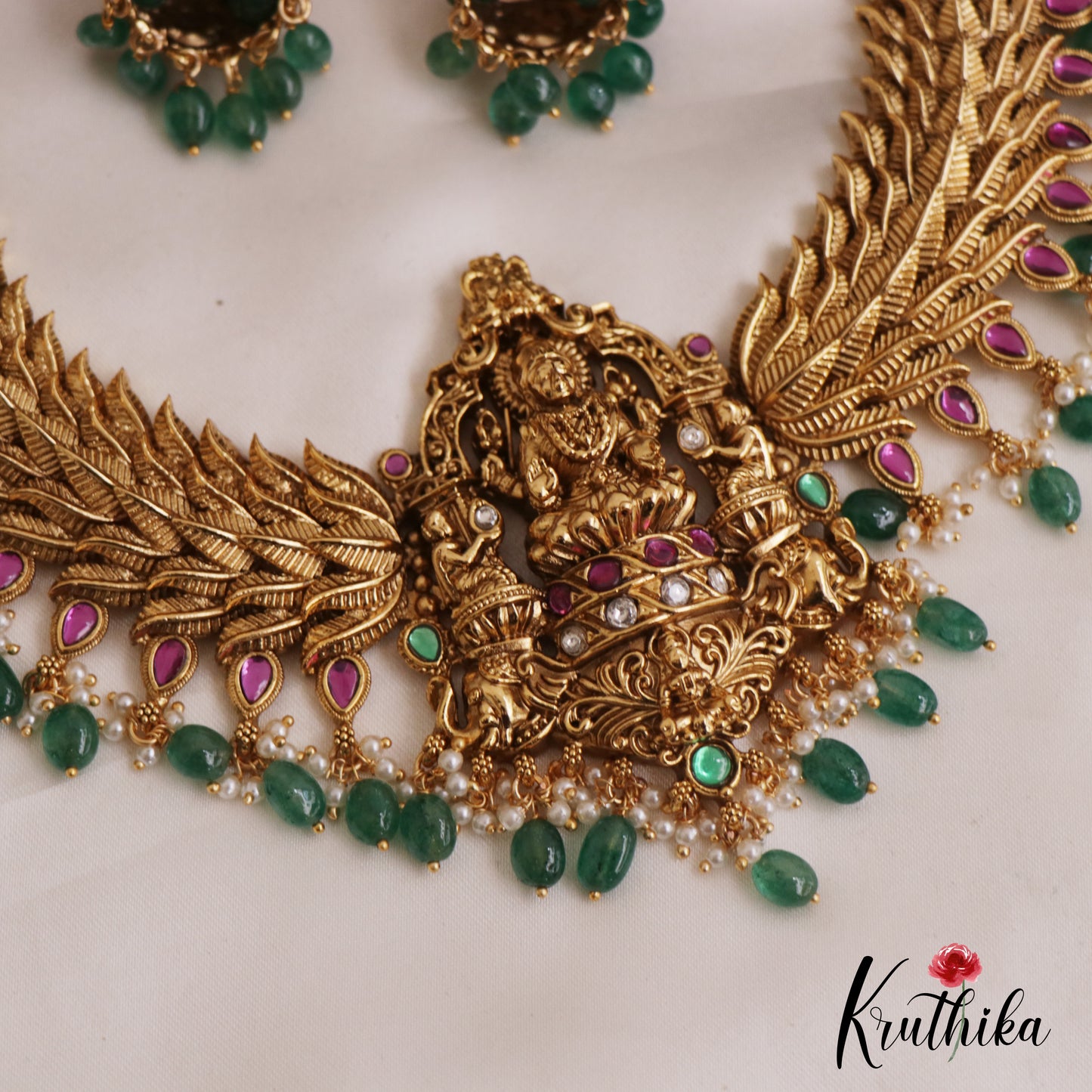 Gorgeous Antique Nagas Lakshmi Motifs Necklace With Green Bead Drops NC2715