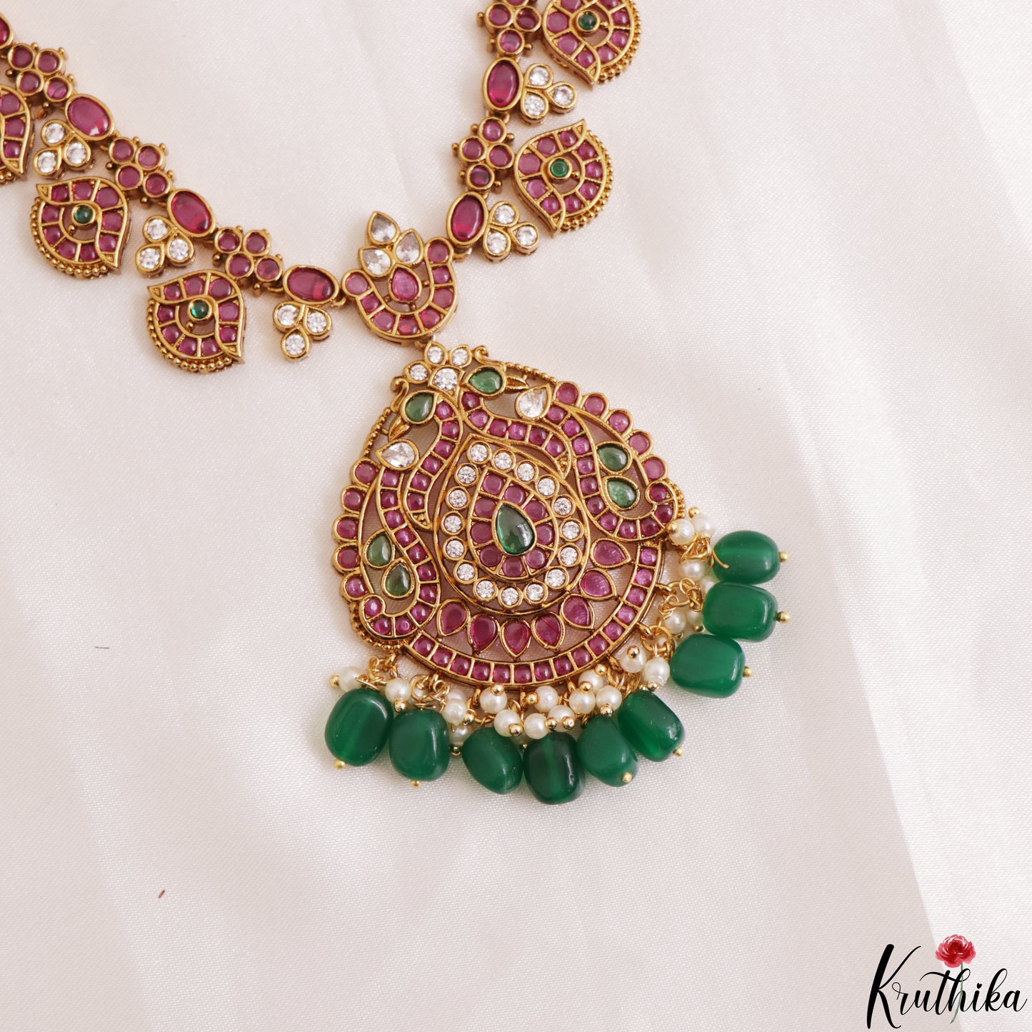 Premium Peacock Floral Motifs Kemp Haaram With Green Bead Drops NC3186