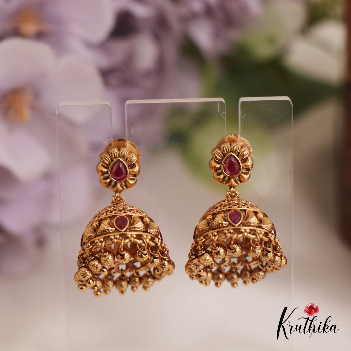 Beautiful Antique Floral Motifs Jhumka With Golden Bead Drops E967 (Available In 2 Colors)