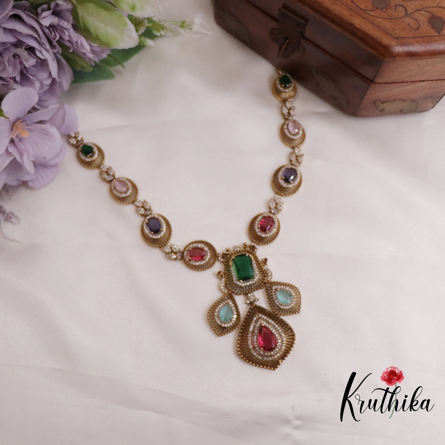 Trendy AD Mossanaite Victorian Peacock Necklace NC2331 (Available in 4 colours)