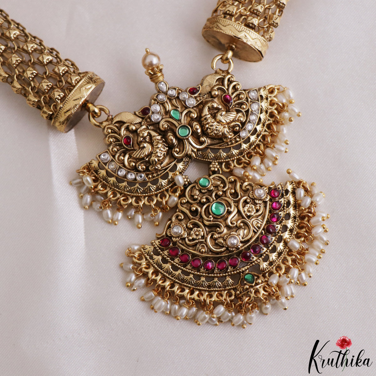 Gorgeous Antique Peacock Motifs Jadau Necklace With Pearl Drops NC3239