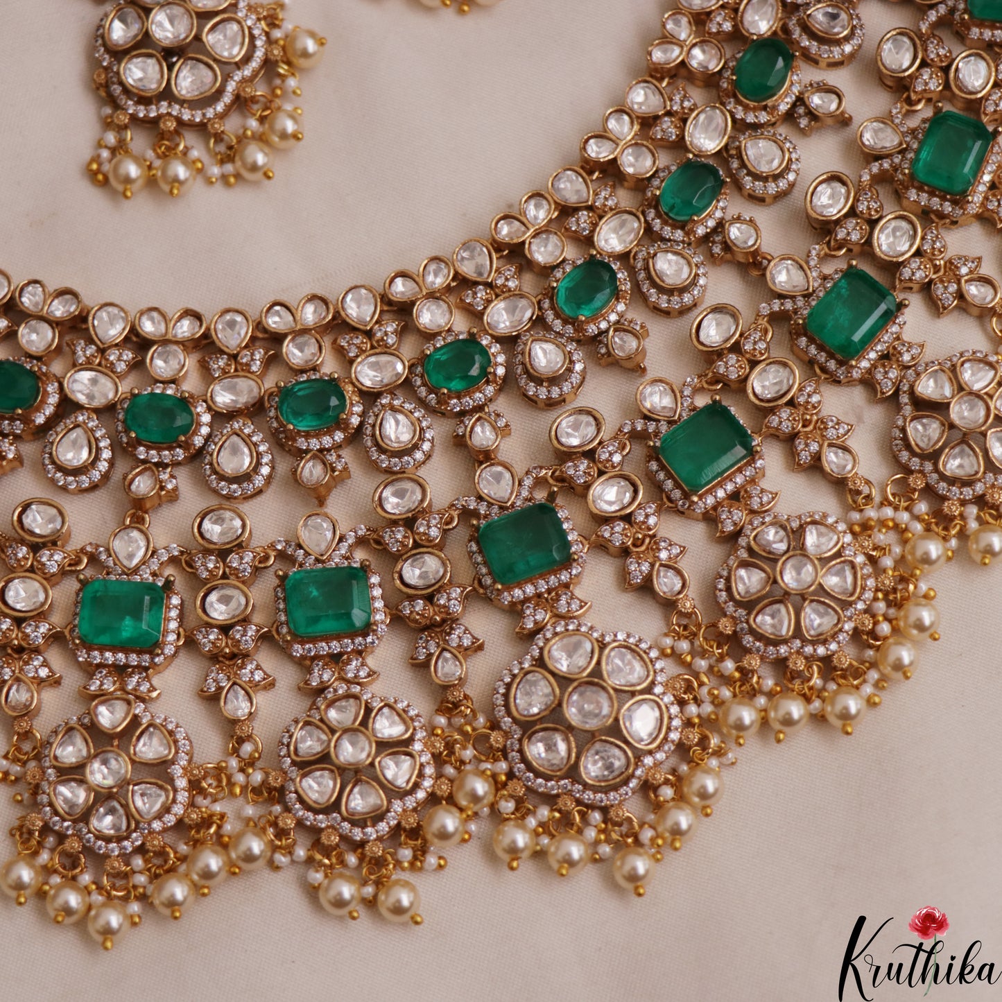 Grand Floral Motifs Polki Victorian Choker With Pearl Drops NC3019 (Available In 4 Colors)