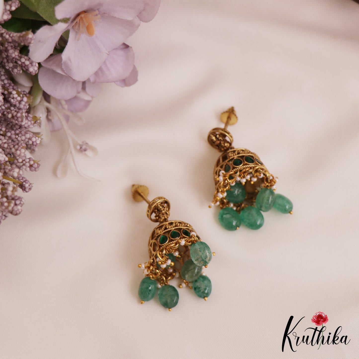 Premium Antique Lakshmi Motifs Jadau Pendant Set With Green Bead Drops PS281 (Available In 3 Colors)