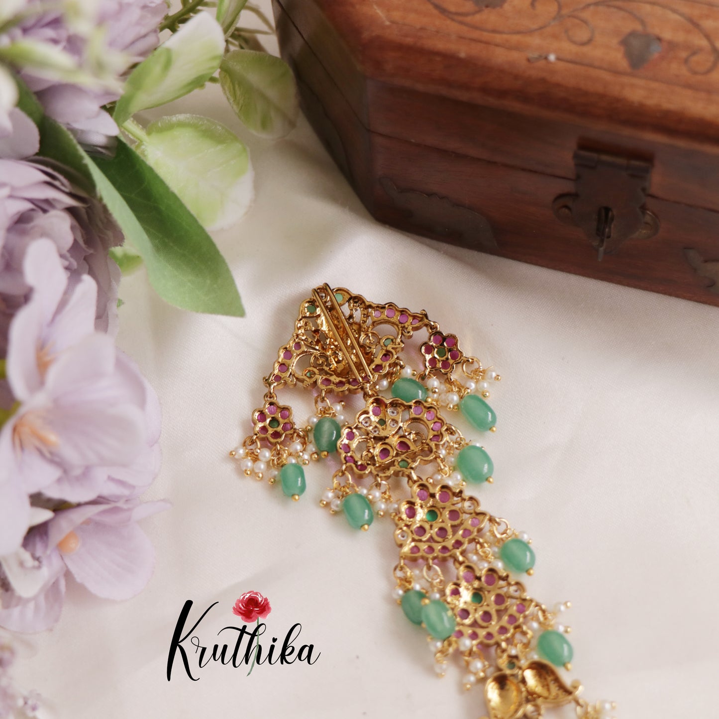 Premium Kemp Stones Lakshmi Floral Jhumka With Beads Jada Billa J255