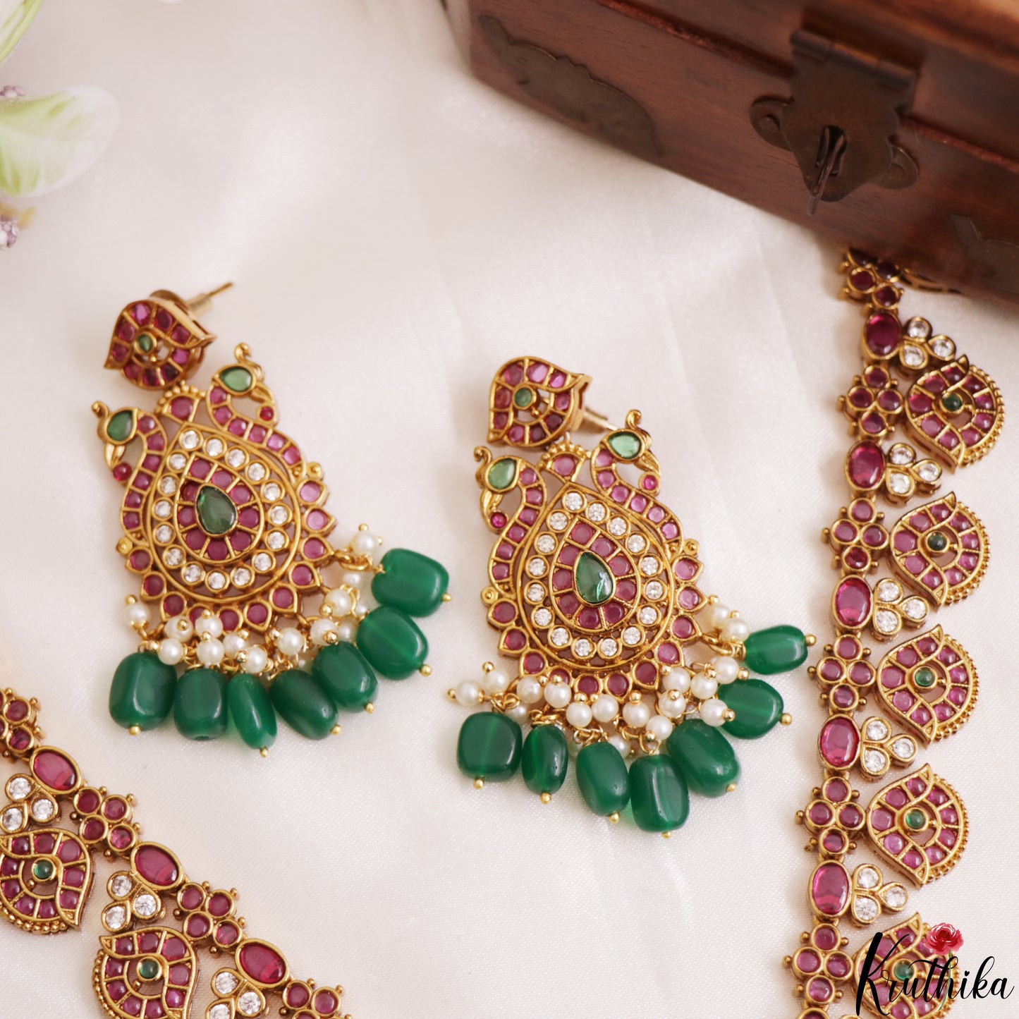 Premium Peacock Floral Motifs Kemp Haaram With Green Bead Drops NC3186