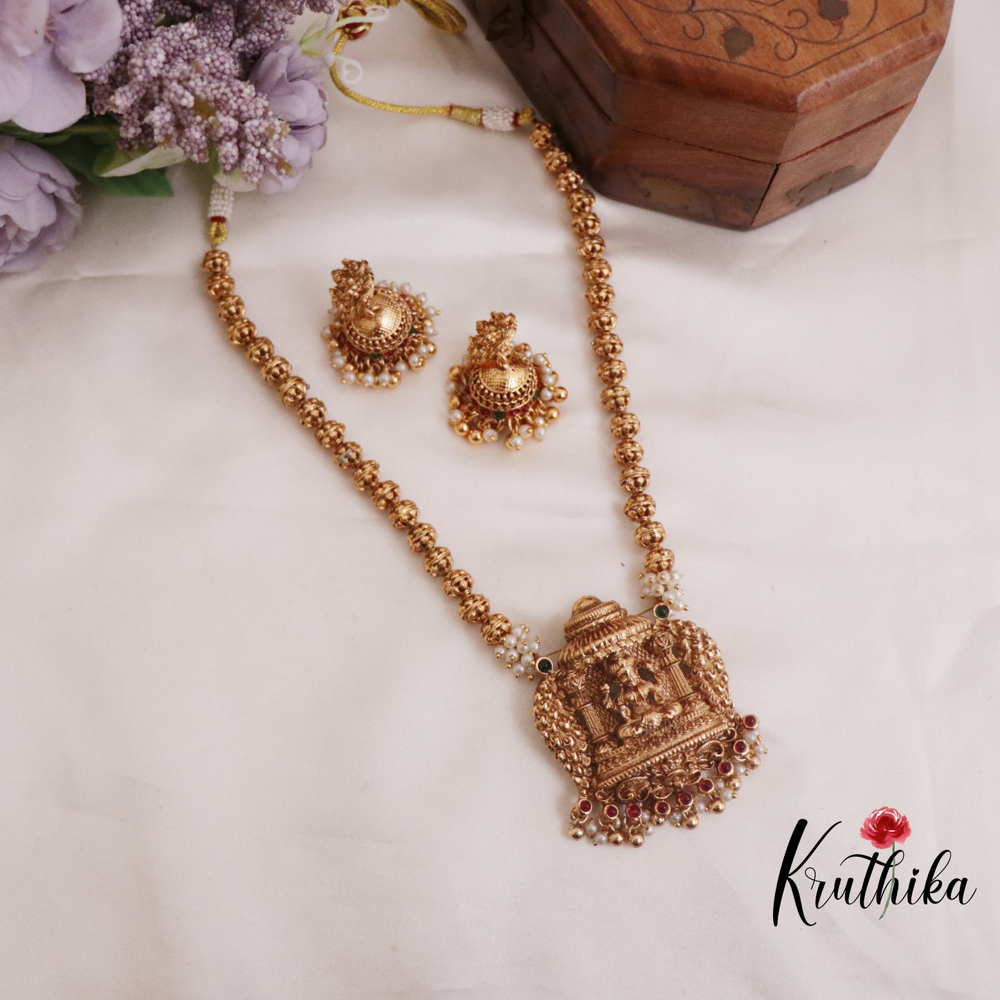 Simple Temple Lakshmi Pendant Necklace with Golden Beads Drops NC2323