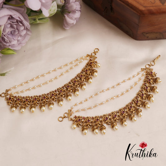 Stunning Kemp Peacock Pearl Drop Jhumka With Three Layered Earchains EC163