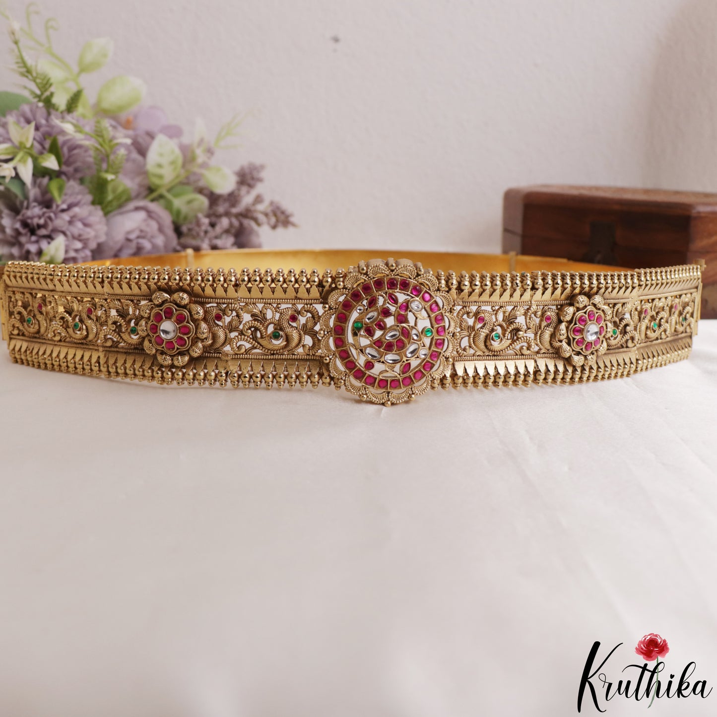 Stunning Antique Floral Peacock Motifs Jadau Hip Belt V376