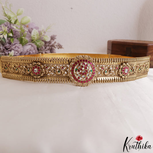 Stunning Antique Floral Peacock Motifs Jadau Hip Belt V376
