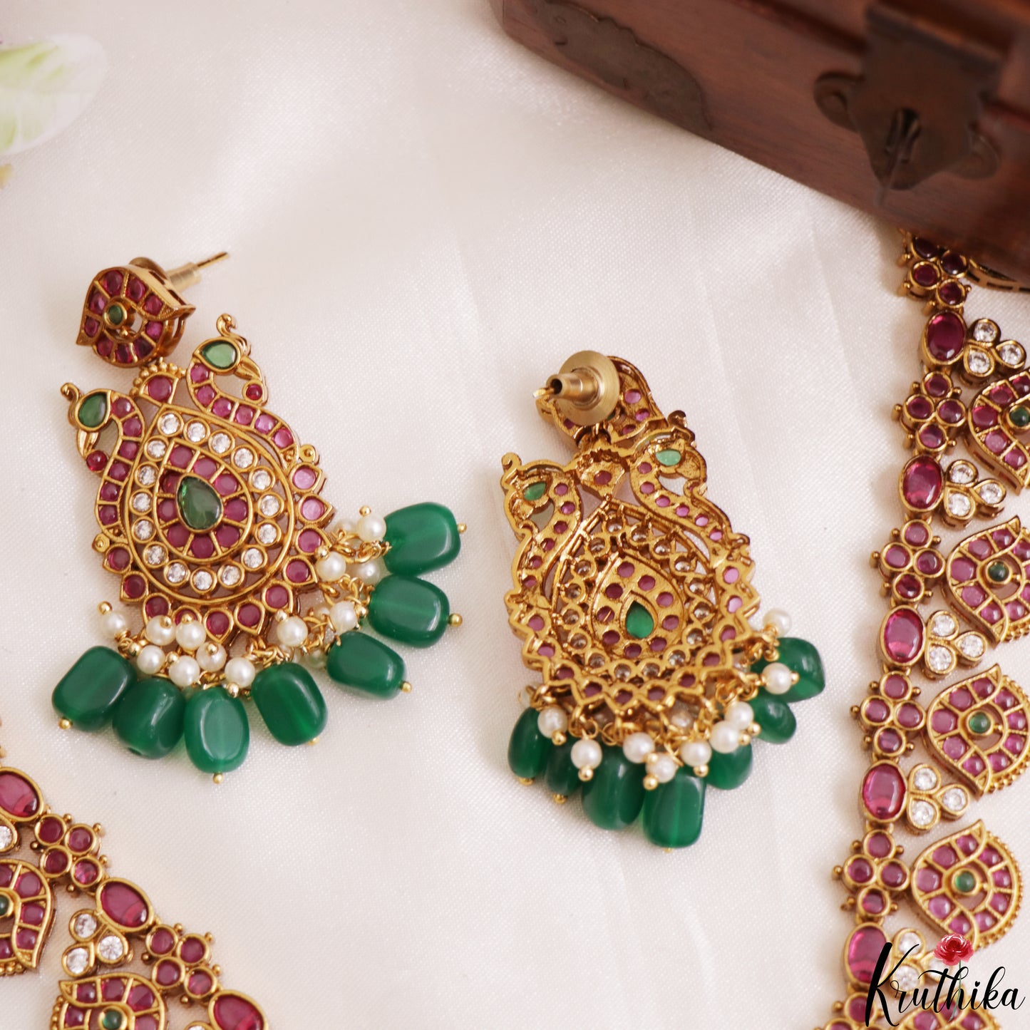 Premium Peacock Floral Motifs Kemp Haaram With Green Bead Drops NC3186