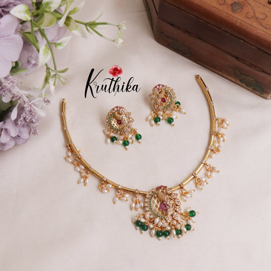 Simple Ad hasli necklace with peacock pendant & green bead drops NC2118