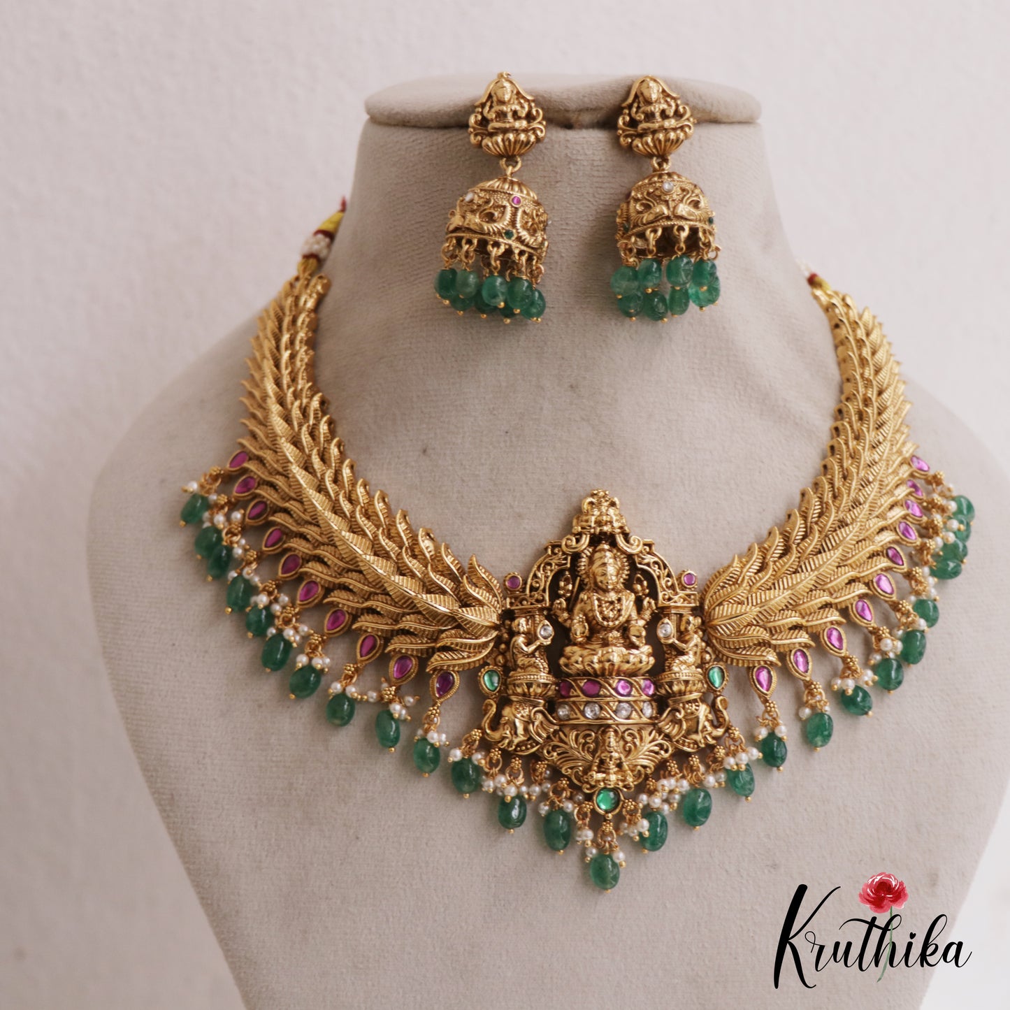Gorgeous Antique Nagas Lakshmi Motifs Necklace With Green Bead Drops NC2715