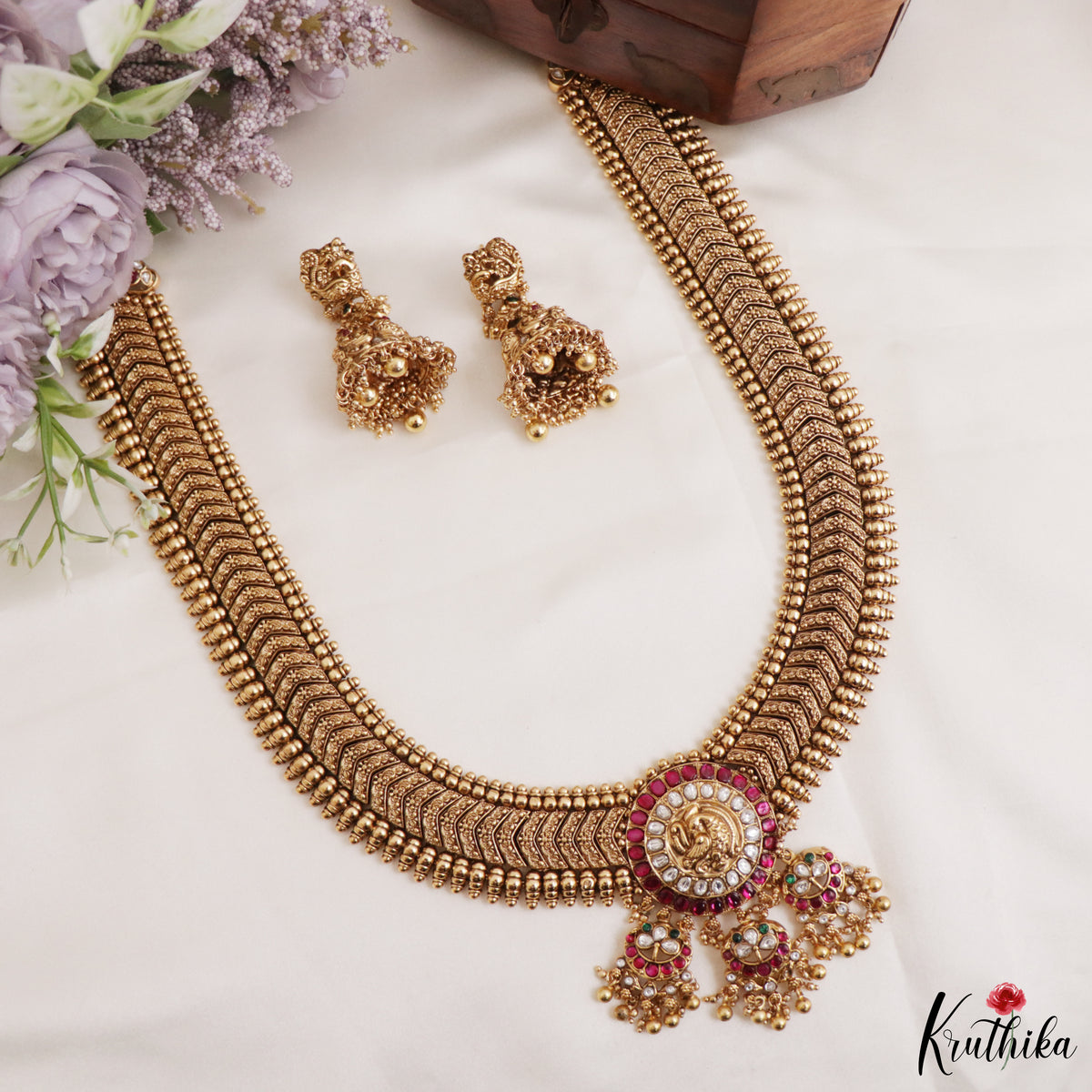 Elegant Peacock Gold Replica Jadau Long Haaram Set with Triple Earring Hangings LH2505