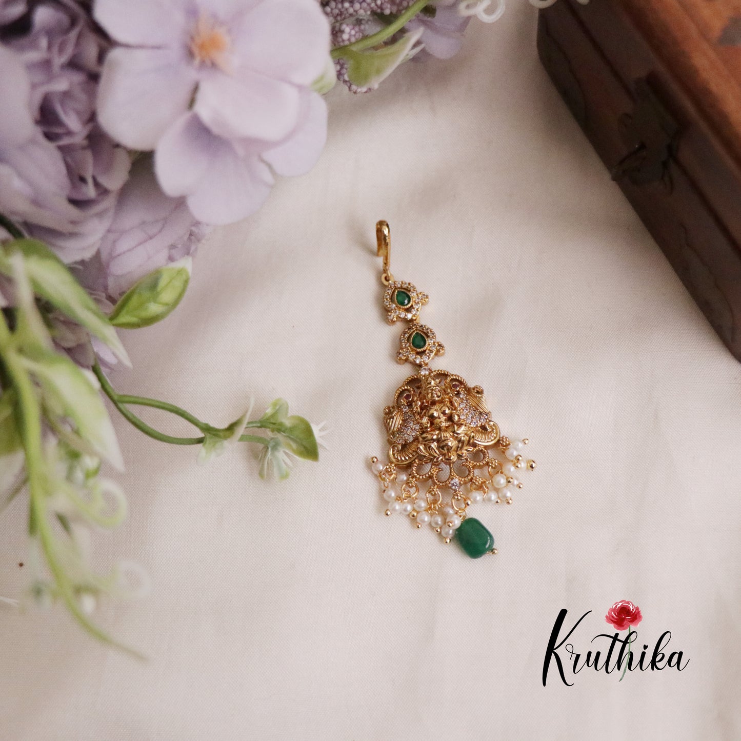 Beautiful CZ Lakshmi Peacock Maang Tikka with Pearl Drops MT271 (Available in 3 Colors)