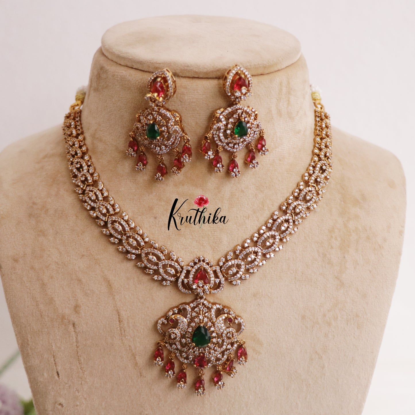 Royal Bridal Emerald & Ruby Peacock Pendant Necklace NC2288