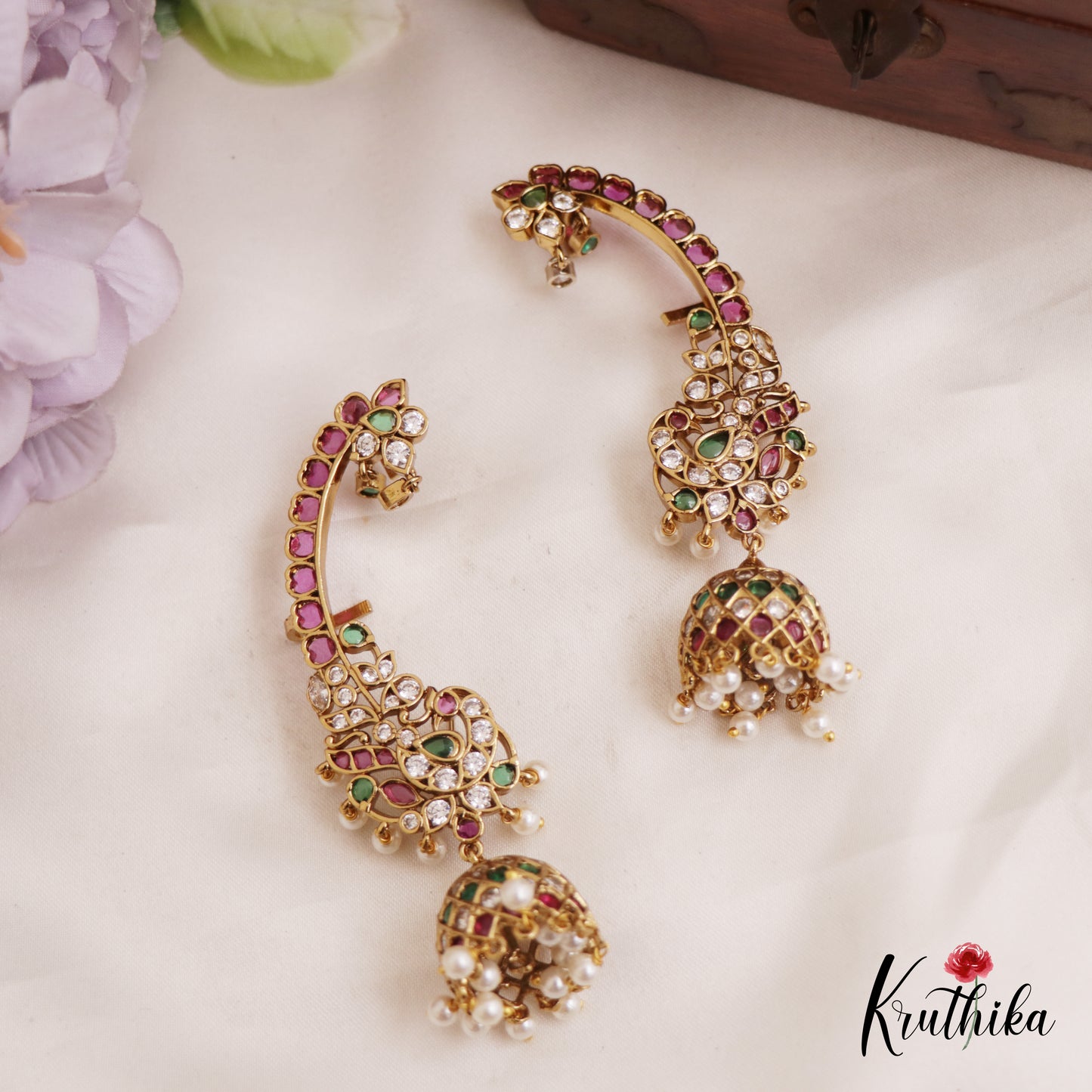 Stunning Peacock Motifs Kemp Ear Cuff With Pearl Drops E979