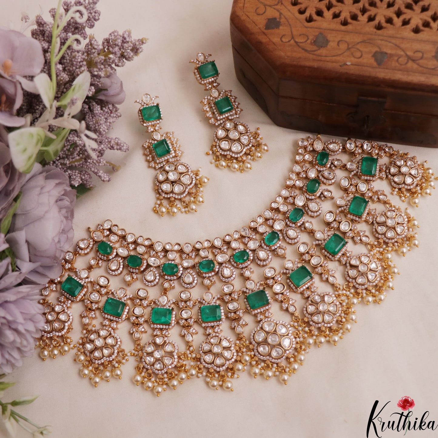 Grand Floral Motifs Polki Victorian Choker With Pearl Drops NC3019 (Available In 4 Colors)