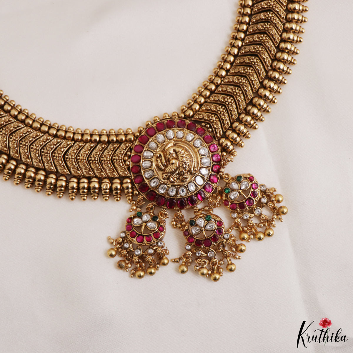 Elegant Peacock Gold Replica Jadau Long Haaram Set with Triple Earring Hangings LH2505