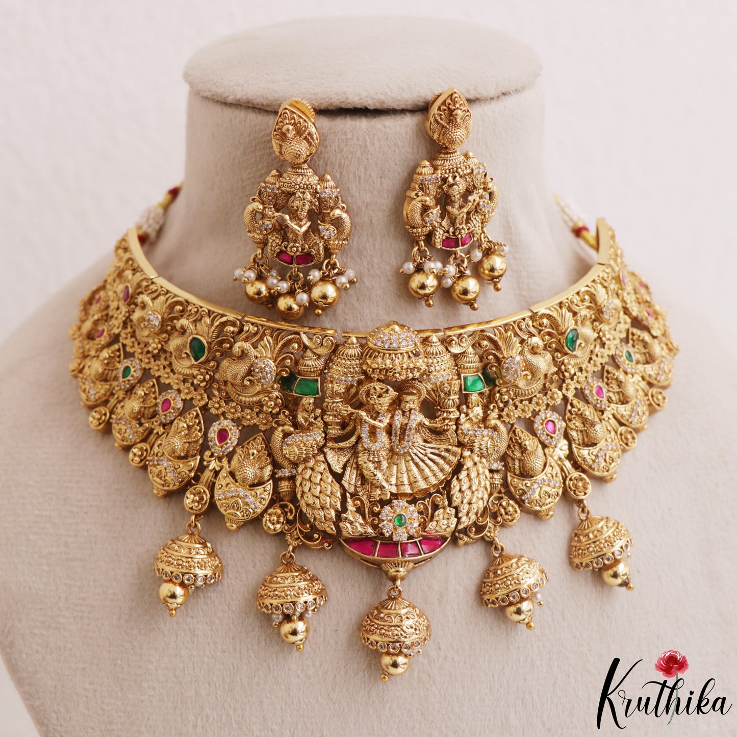 Premium Antique Radha Krishna Motifs Choker With Bead Drops NC3158 (Available In 2 Colors)
