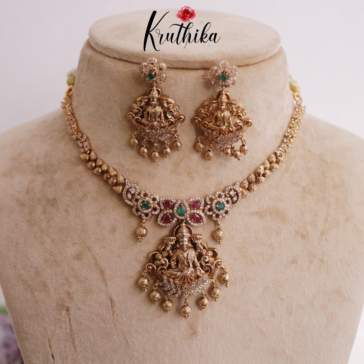 Pretty CZ Laxmi Necklace with Golden Beads Drops NC2247 (available in 2 Colors)