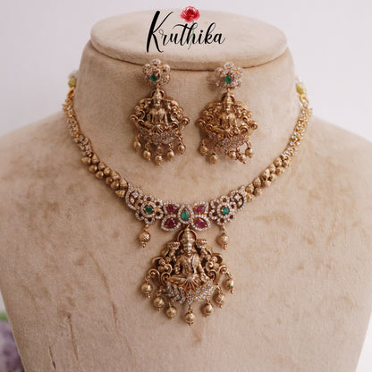 Pretty CZ Laxmi Necklace with Golden Beads Drops NC2247 (available in 2 Colors)