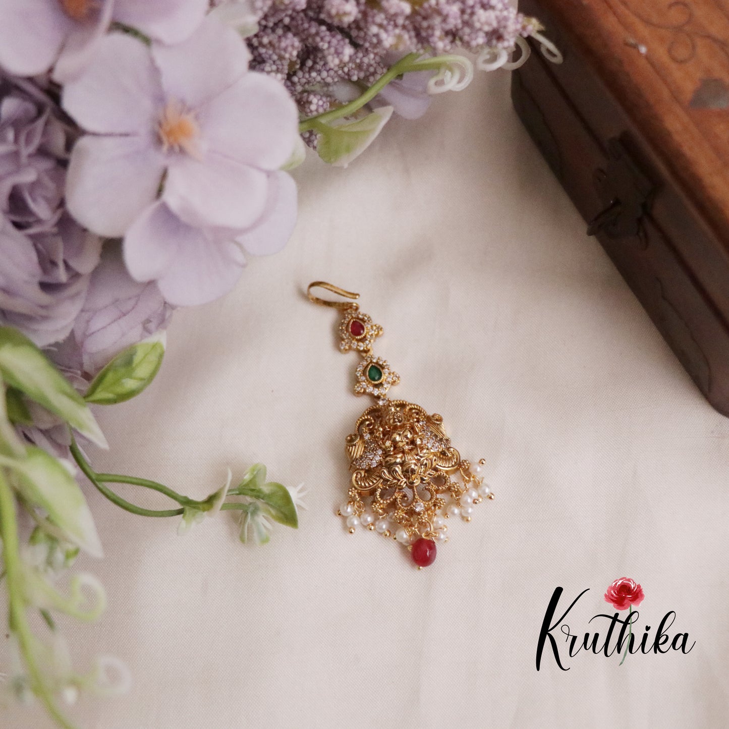 Beautiful CZ Lakshmi Peacock Maang Tikka with Pearl Drops MT271 (Available in 3 Colors)