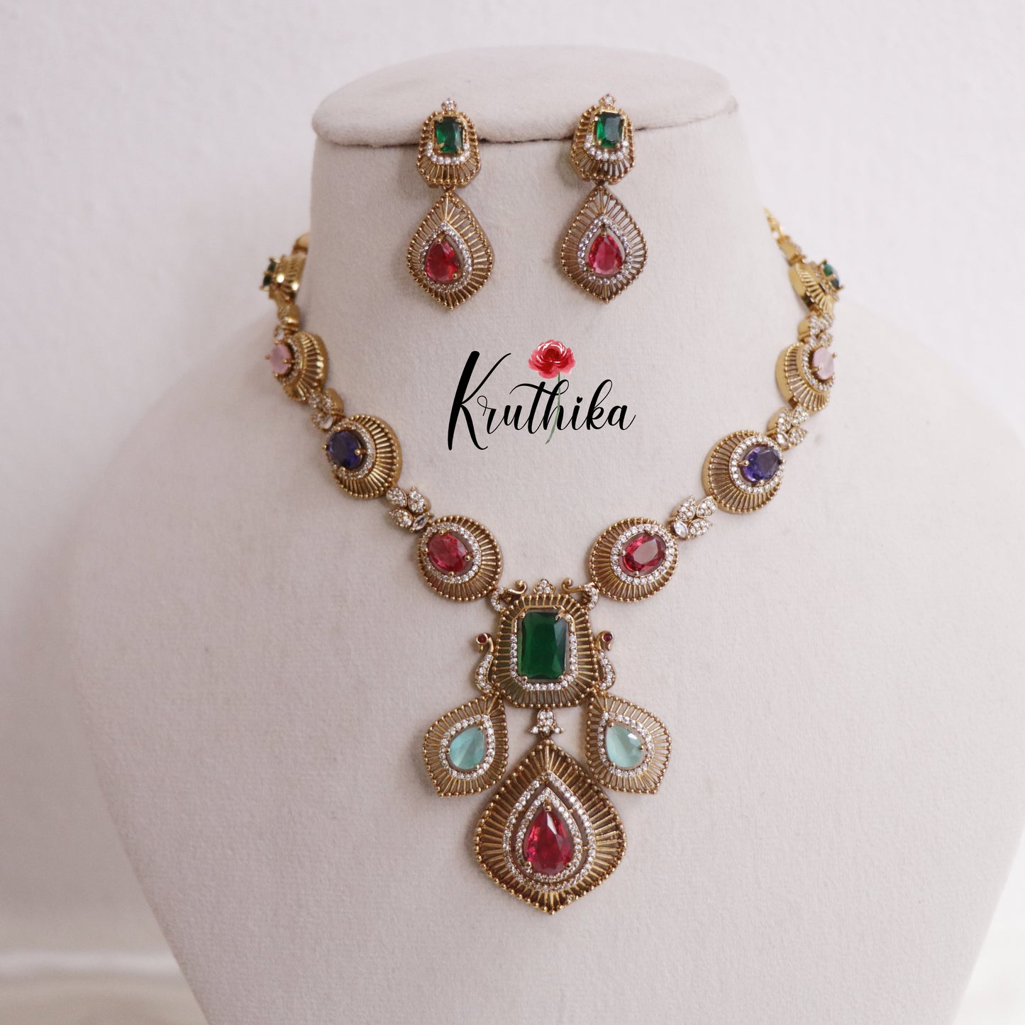 Trendy AD Mossanaite Victorian Peacock Necklace NC2331 (Available in 4 colours)