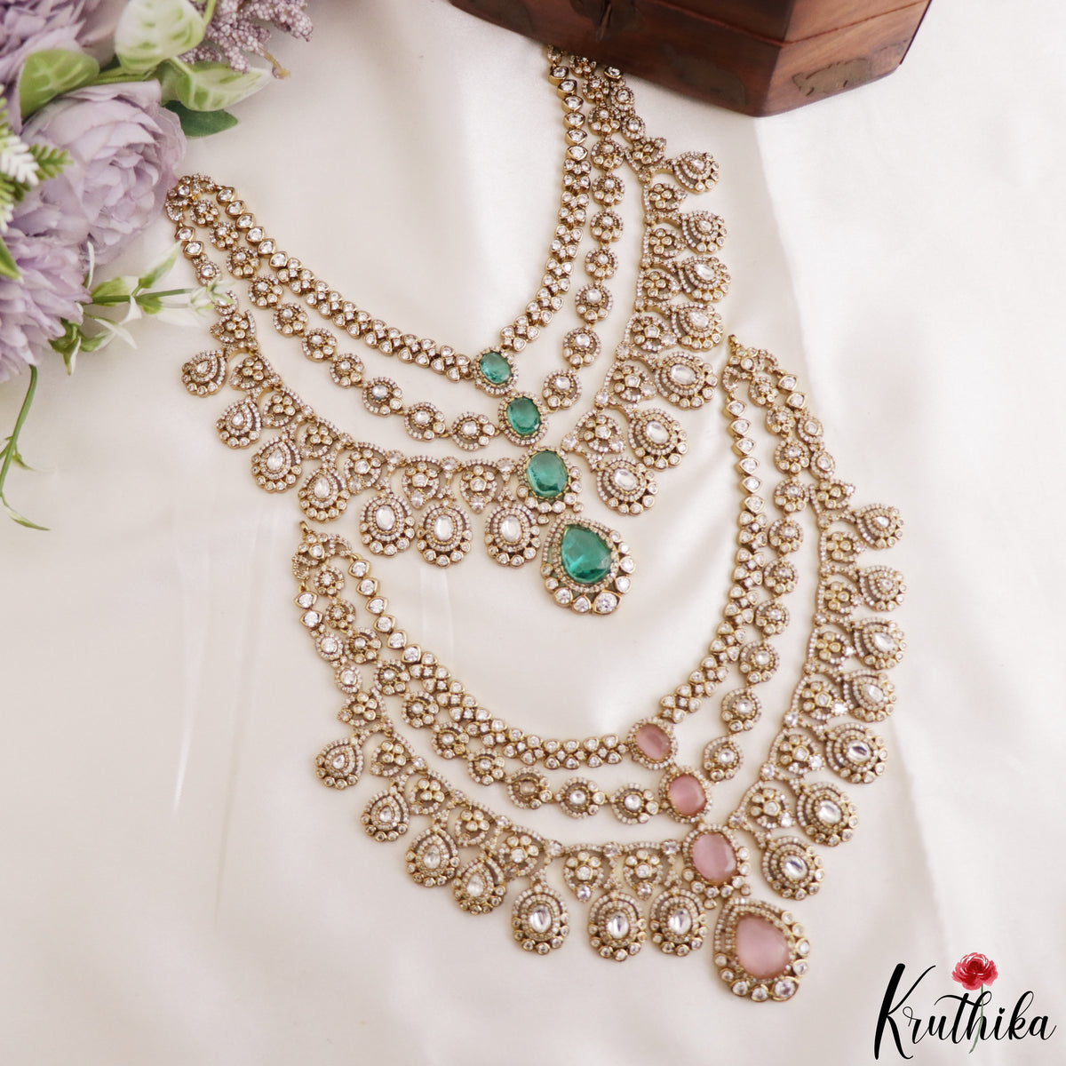 Sparkling Teardrop Motifs Multi Layered CZ Victorian Necklace NC3274 (Available In 5 Colors)
