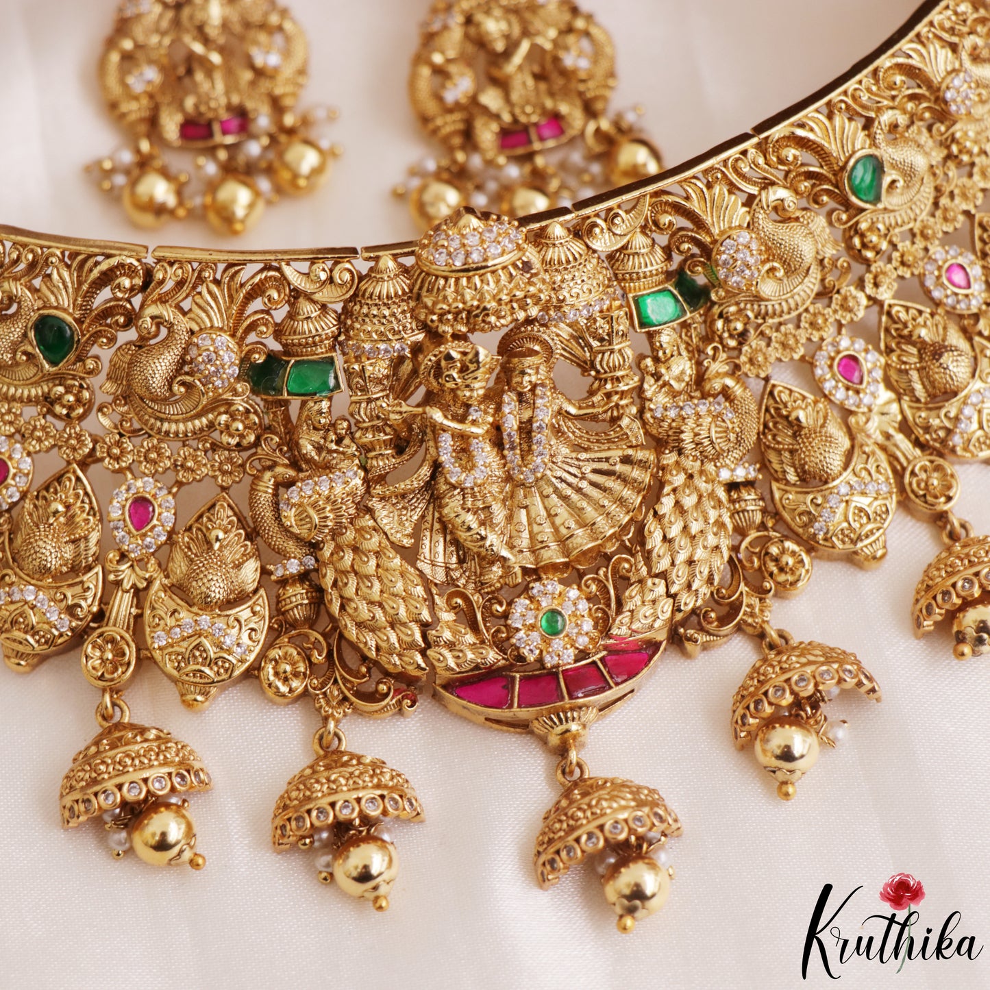 Premium Antique Radha Krishna Motifs Choker With Bead Drops NC3158 (Available In 2 Colors)