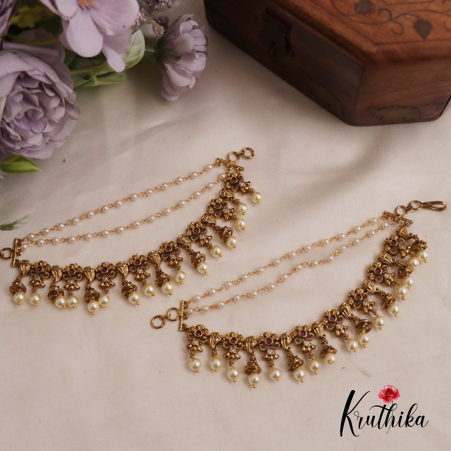 Classic Kemp Floral Pearl Drop Jhumka With Three Layered Earchains EC164