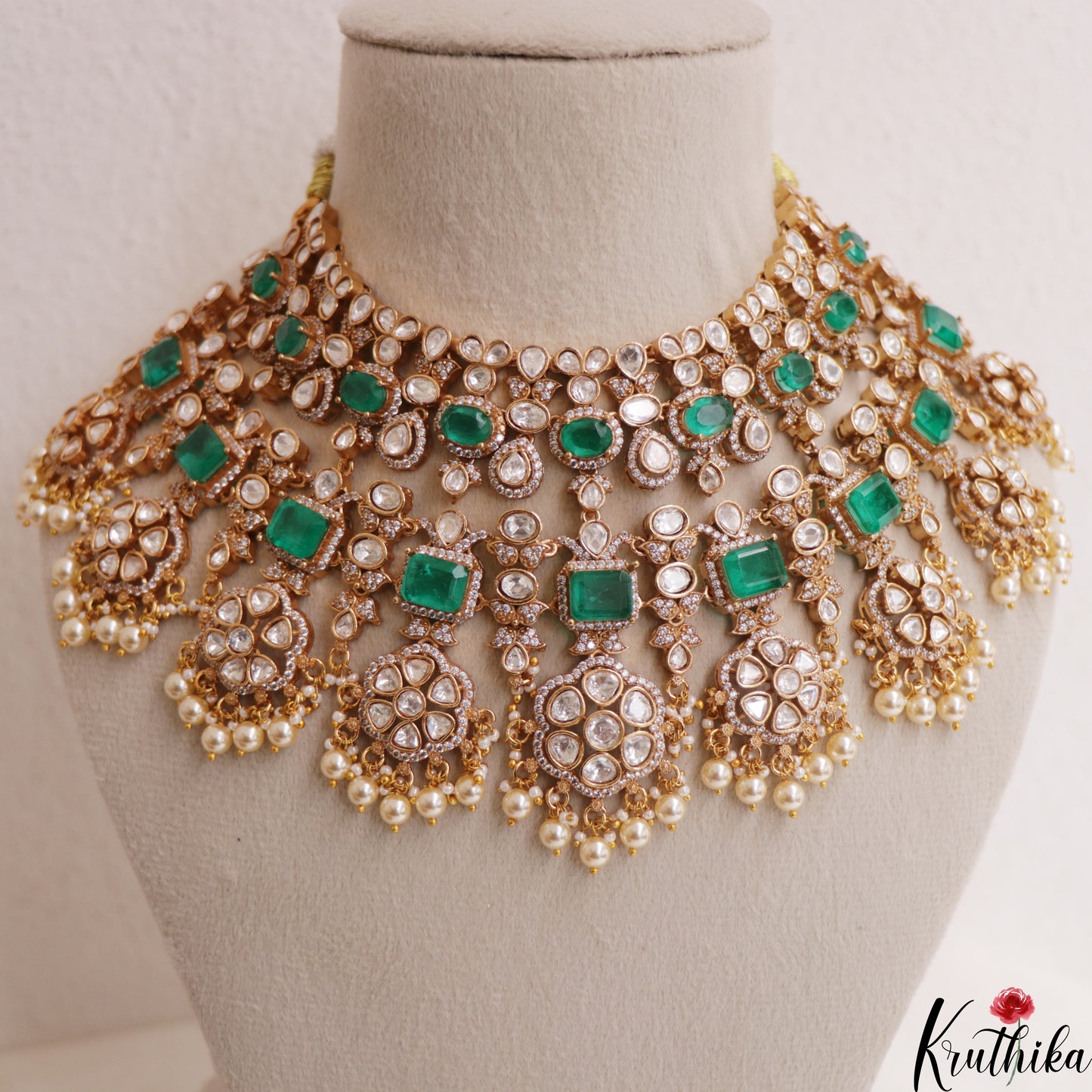 Grand Floral Motifs Polki Victorian Choker With Pearl Drops NC3019 (Available In 4 Colors)